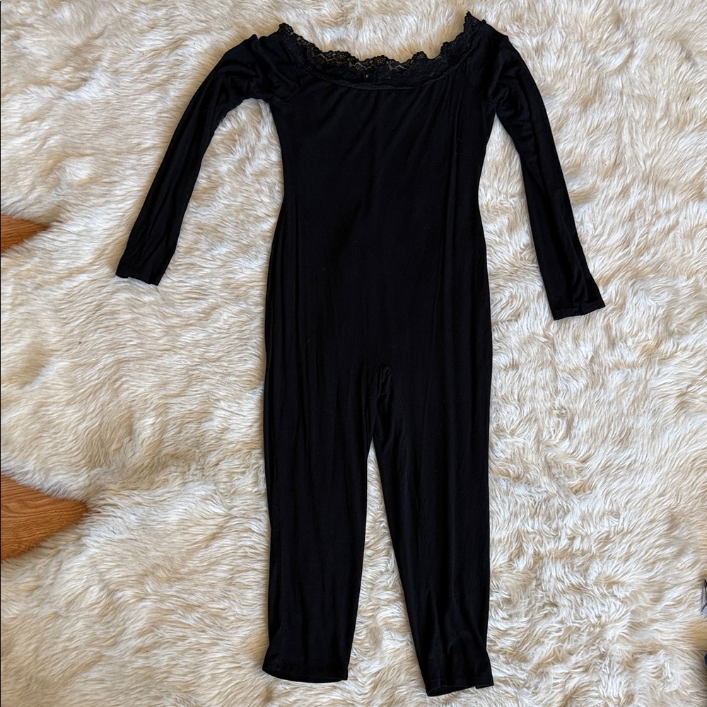 Fashion Nova Black Long Sleeve Lace Neck Jumpsuit